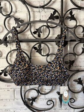 Prana Black Floral Scoop Bralette with Blue & Yellow Flowers